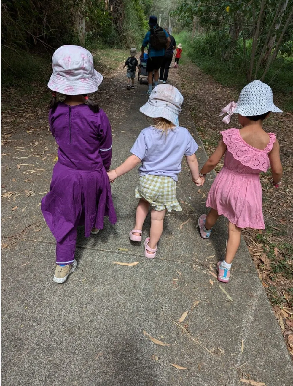 Three children holding hands as they walk the bush track at Boronia Bushlands, seen from behind