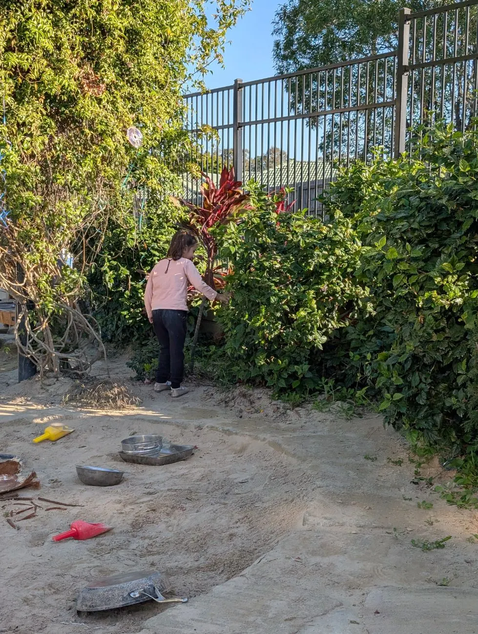 A child exploring the garden beds at the edge of the sandpit